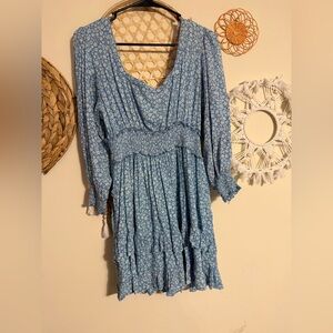 Angie Light Blue Floral Smocked Waist Long Sleeve Dress